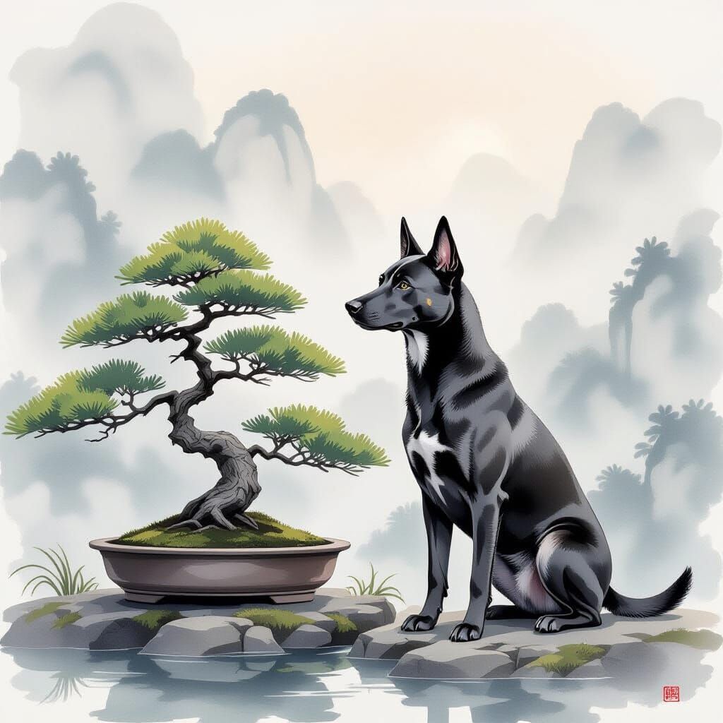 Thai Ridgeback Guarding Bonsai in Impressionistic Watercolor