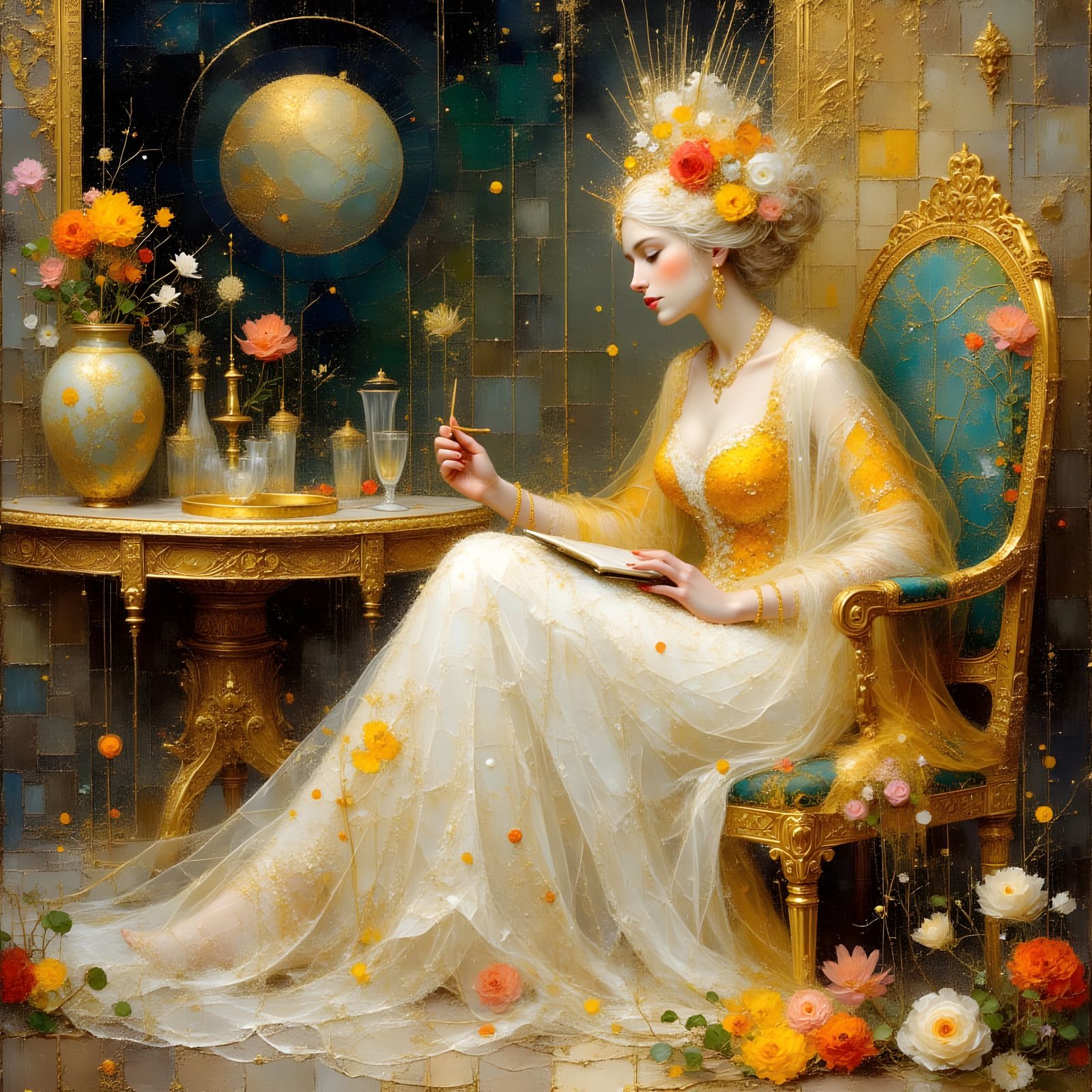 Fractal Goddess Writing Poetry in Opulent Setting