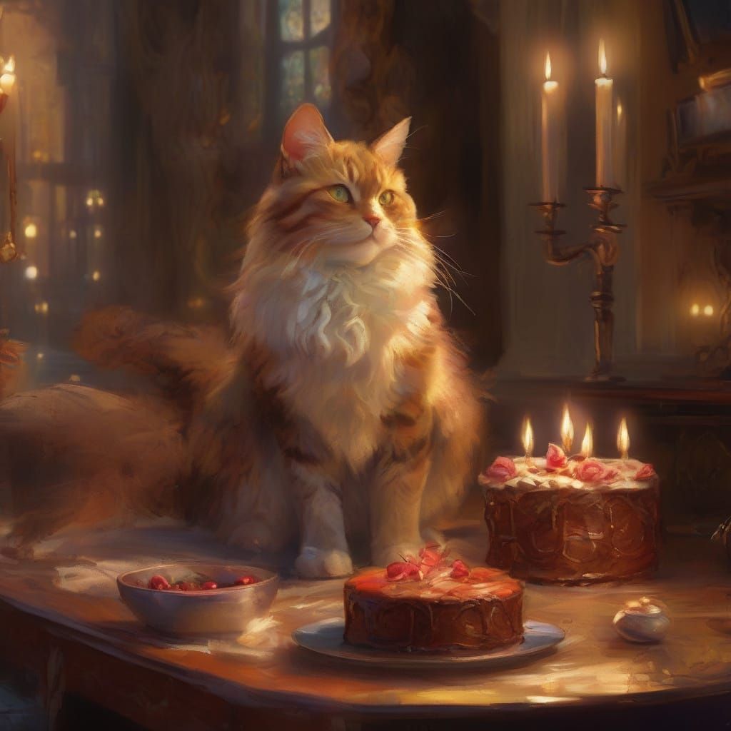 Art Nouveau Creature with Cake Amidst Fiery Hall