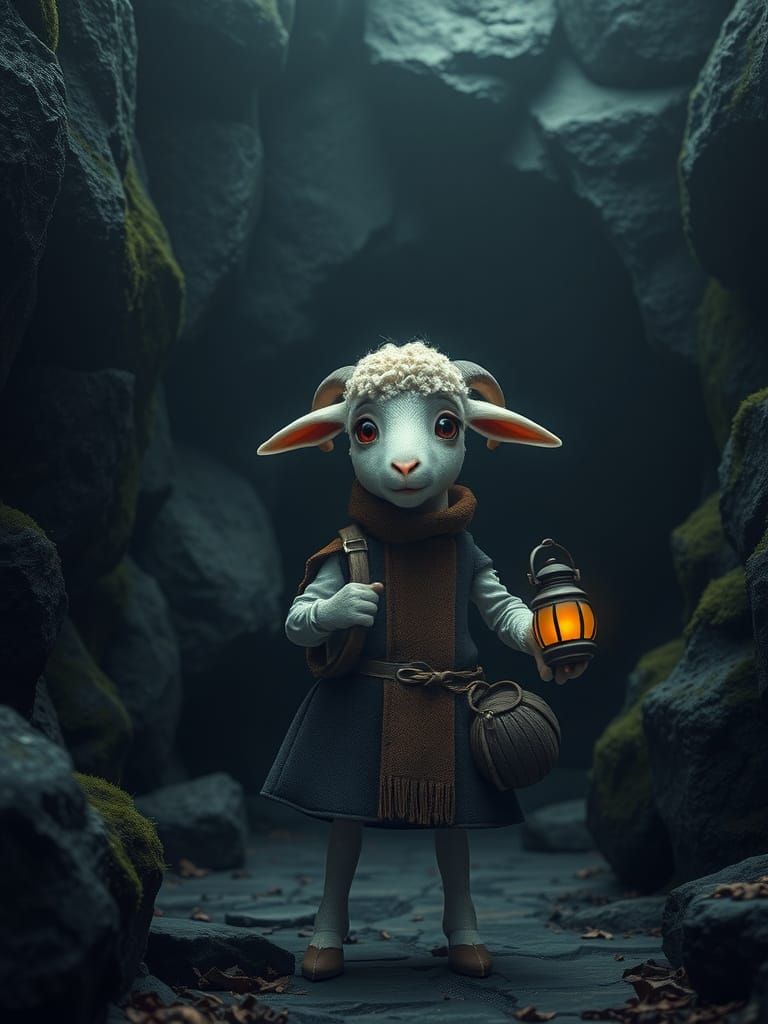 Anxious Lamb Adventurer at Ominous Cave Entrance