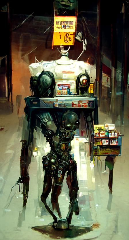 Sinister Humanoid Robot Running a Store