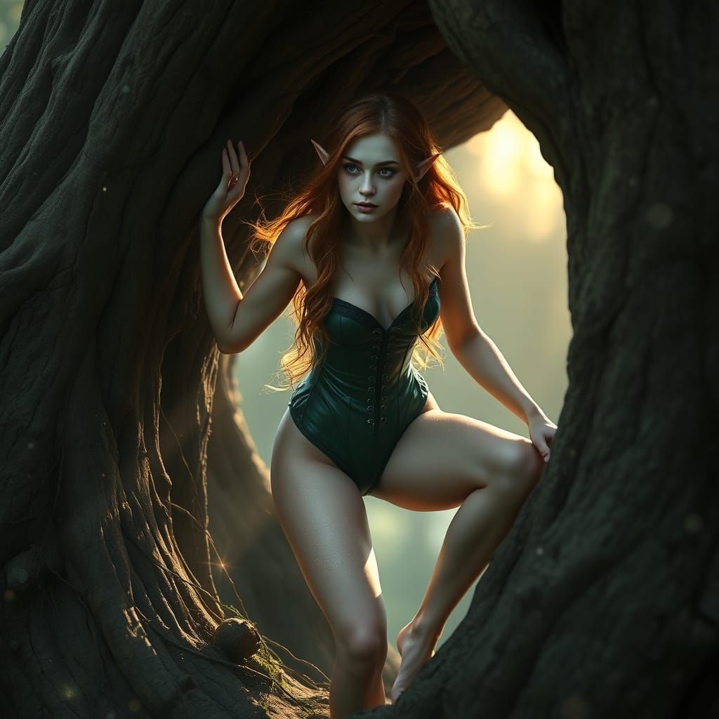 Mystical Wood Elf Emerges from Ancient Tree