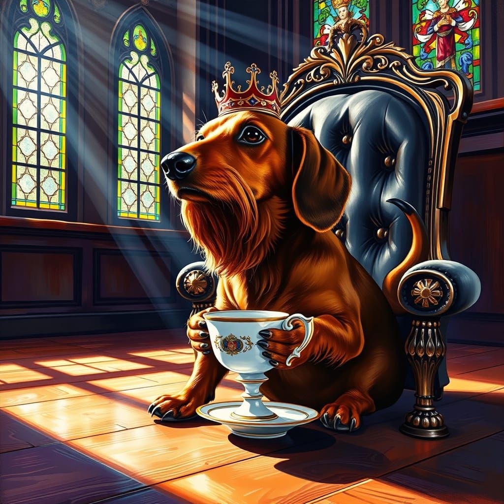 Dachshund King Sipping Tea: An Impasto Oil Painting