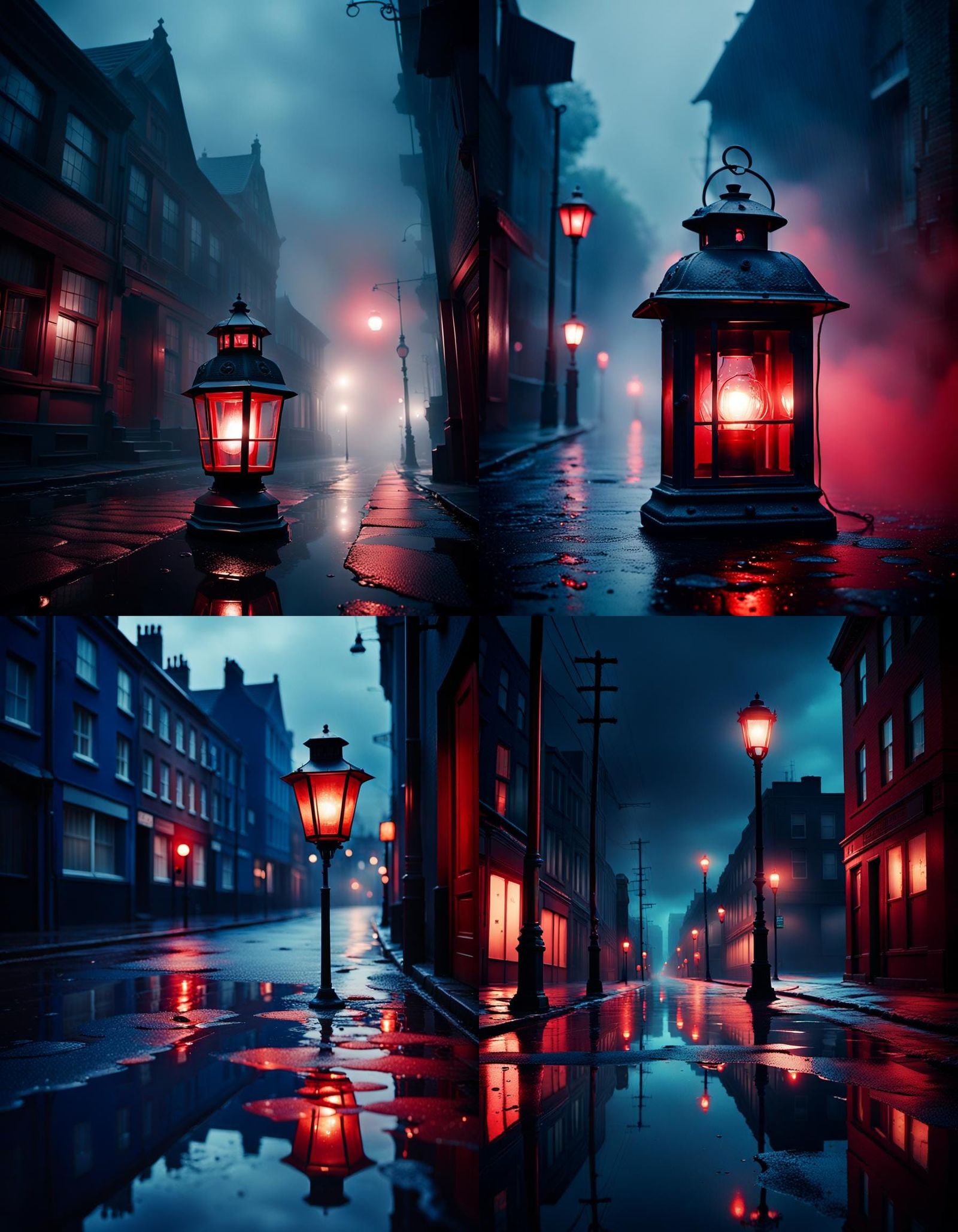 Gloomy Street with Lantern in the Rain