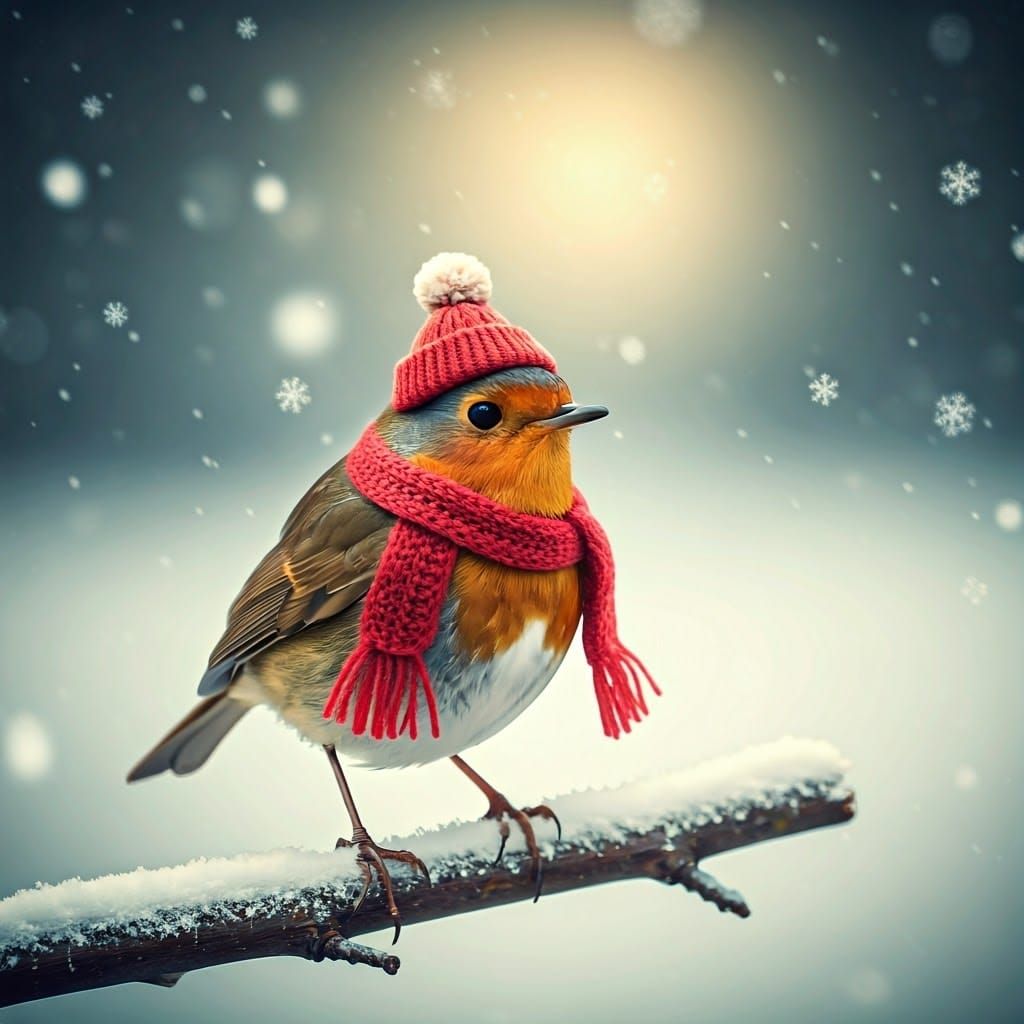 Tiny Robin in Winter Wonderland with Vibrant Red Scarf and H...