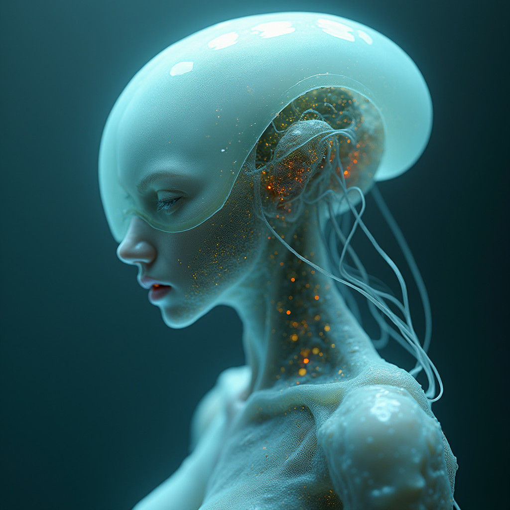 Translucent Jellyfish Humanoid with Glowing Circuitry