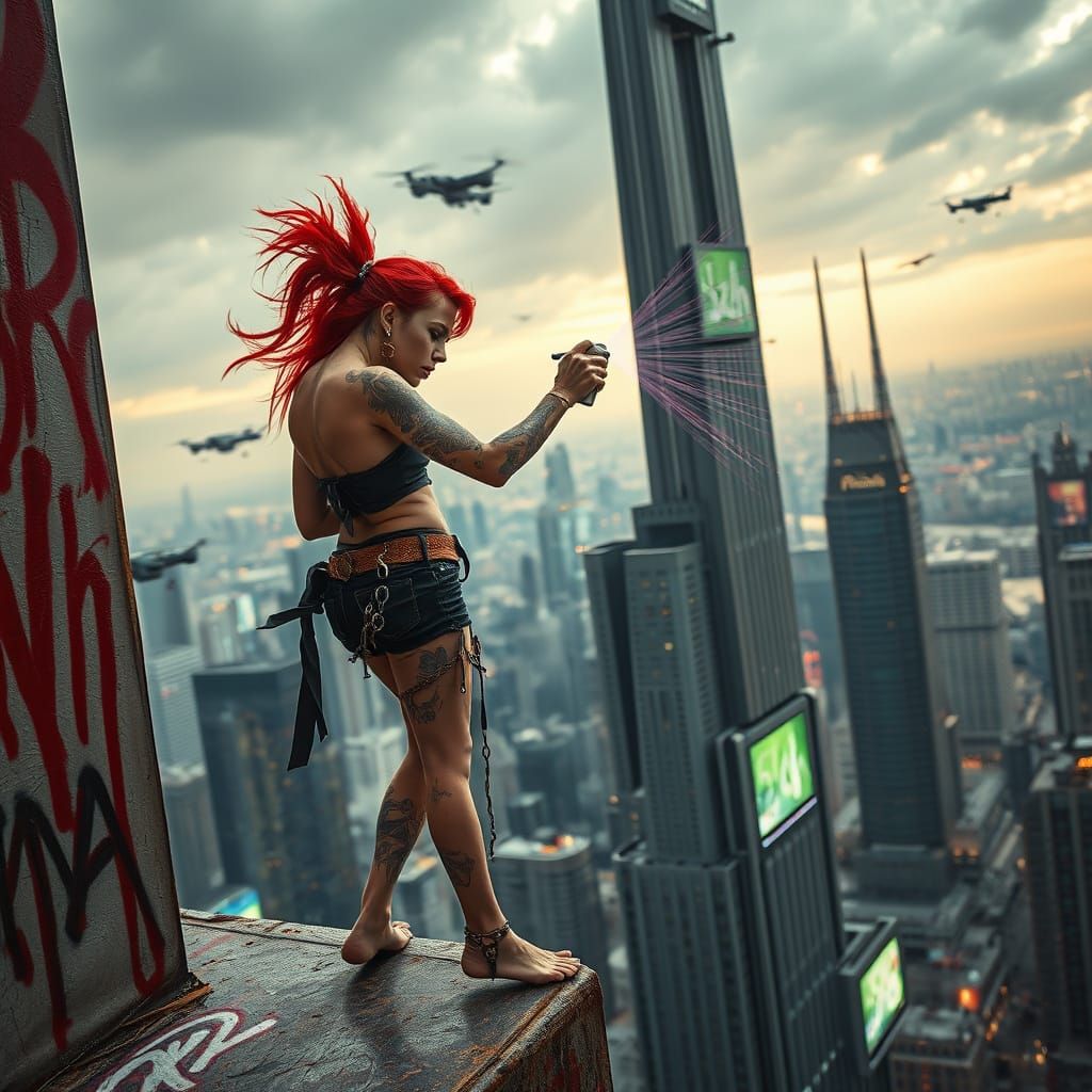 A crazy barefoot punk girl with fiery red hair, adorned with...