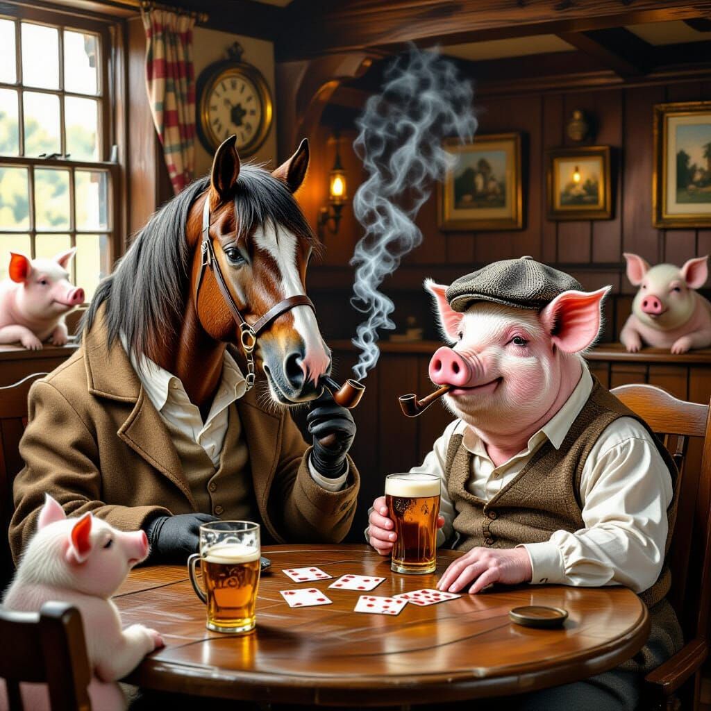 Farm Animals Playing Cards in Cozy English Pub