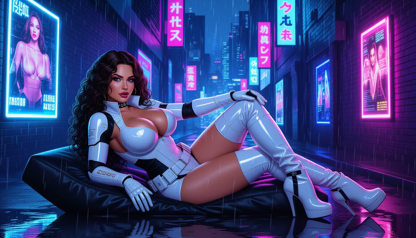 Cyberpunk Woman in Rain-Soaked Neon Alley