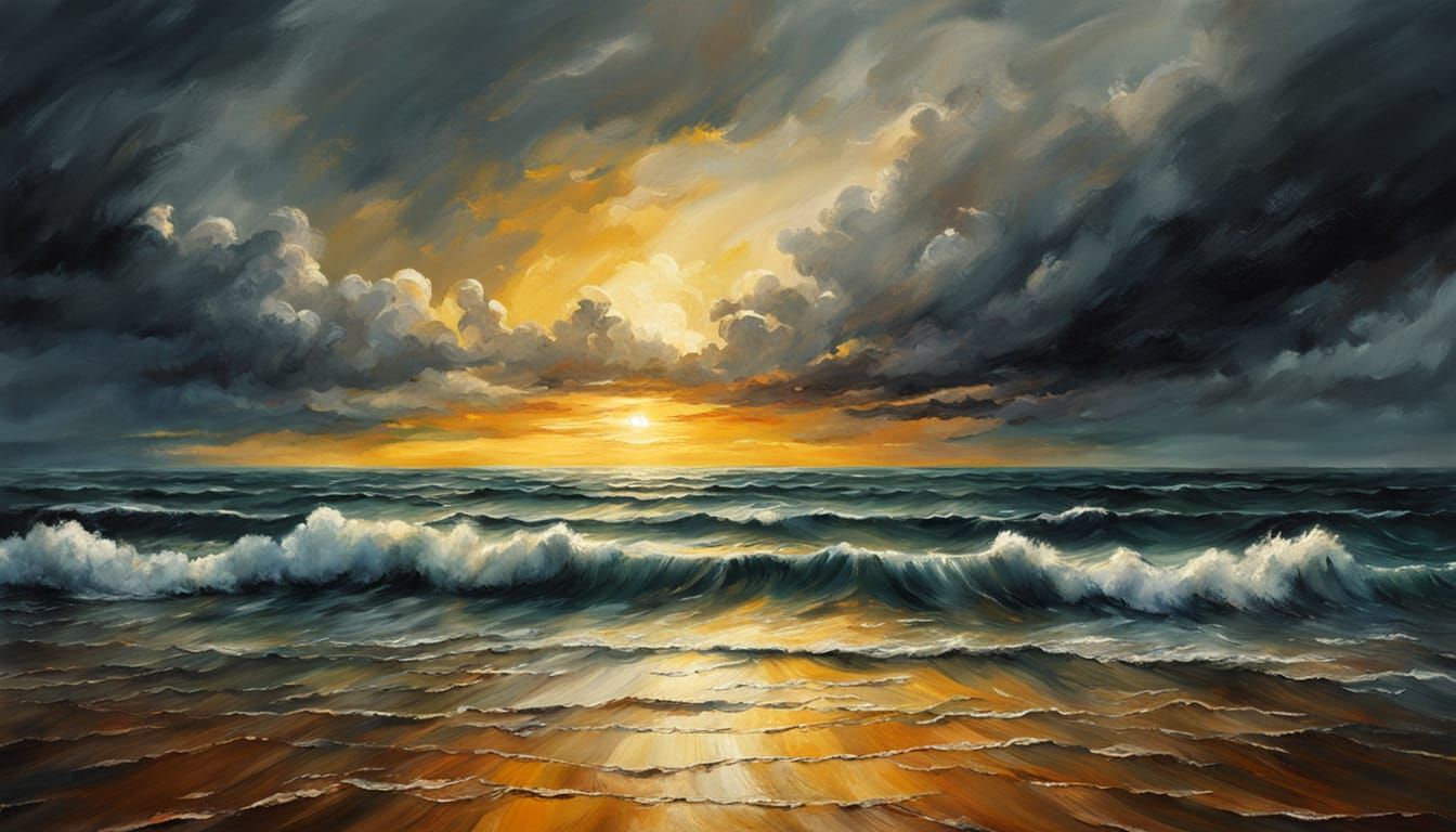 Dramatic Seascape Oil Painting at Golden Hour