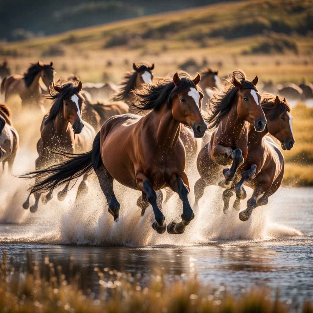 Wild Horses Galloping Through Eurasian Steppe