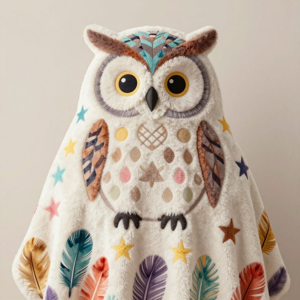 Cozy Owl Wrapped in a Colorful Feather Pattern Blanket