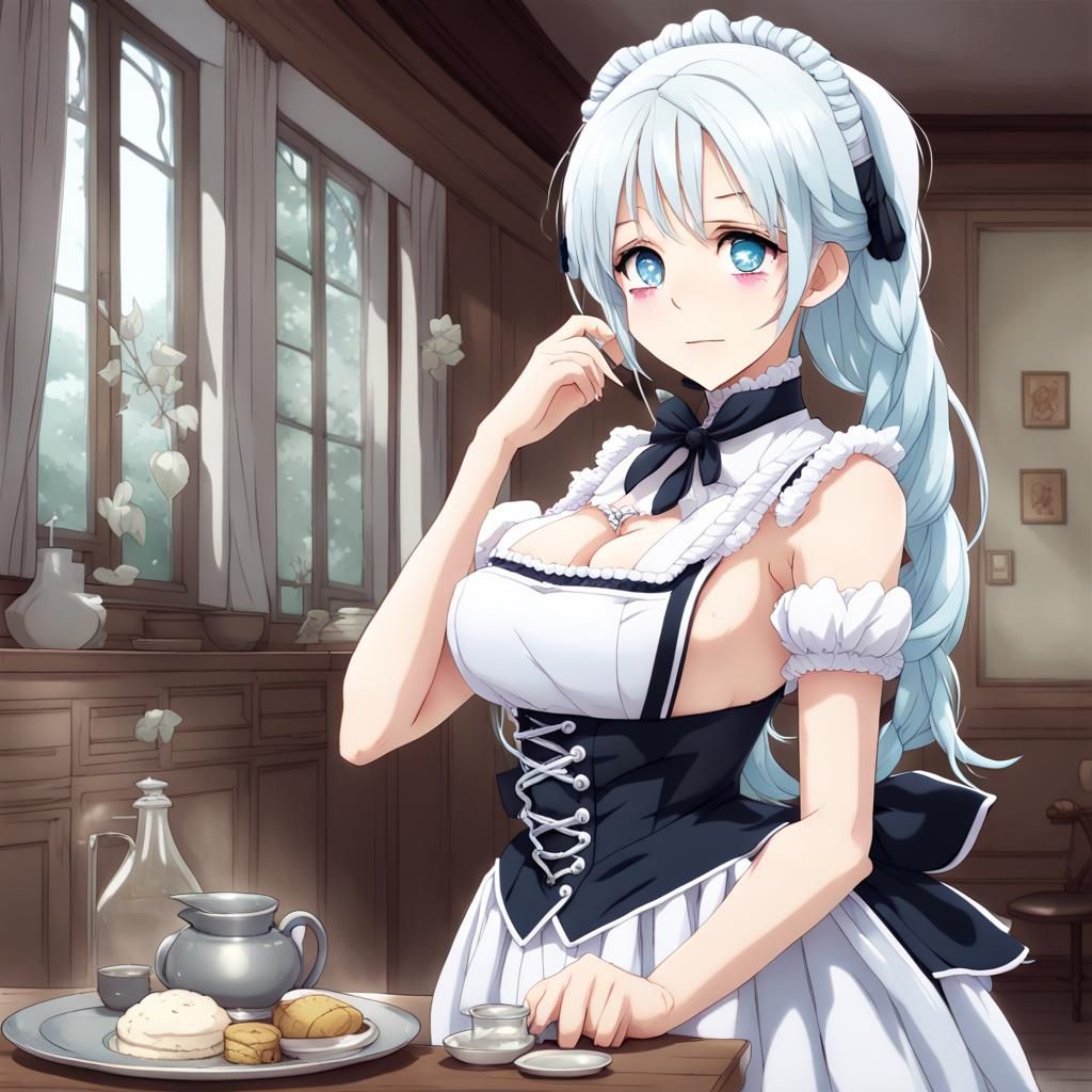 Anime Style Maid with Platinum Hair and Braids