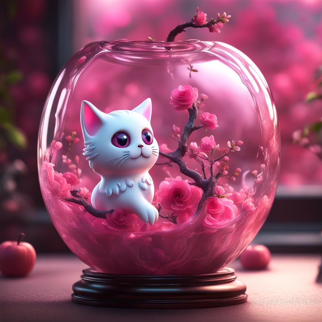 Pink Blossoms and Ghost Cat in Glass Apple