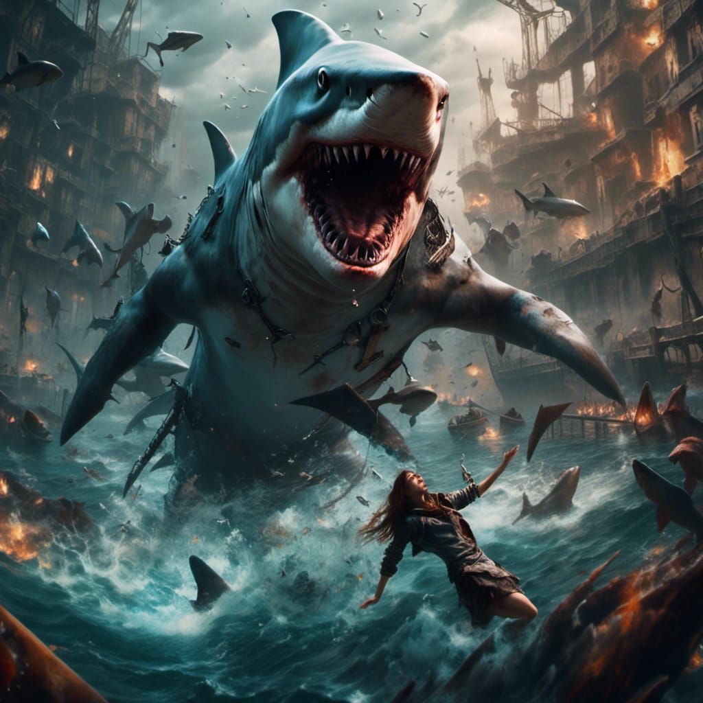 God and Sharks Cinematic Fight Scene in 8k