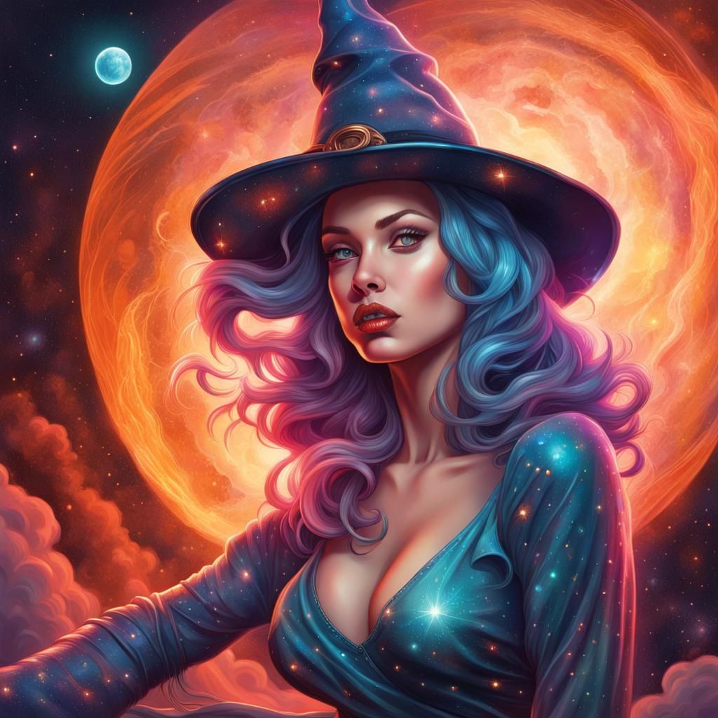 Cosmic Witch Pin-Up in Hyperrealistic Style