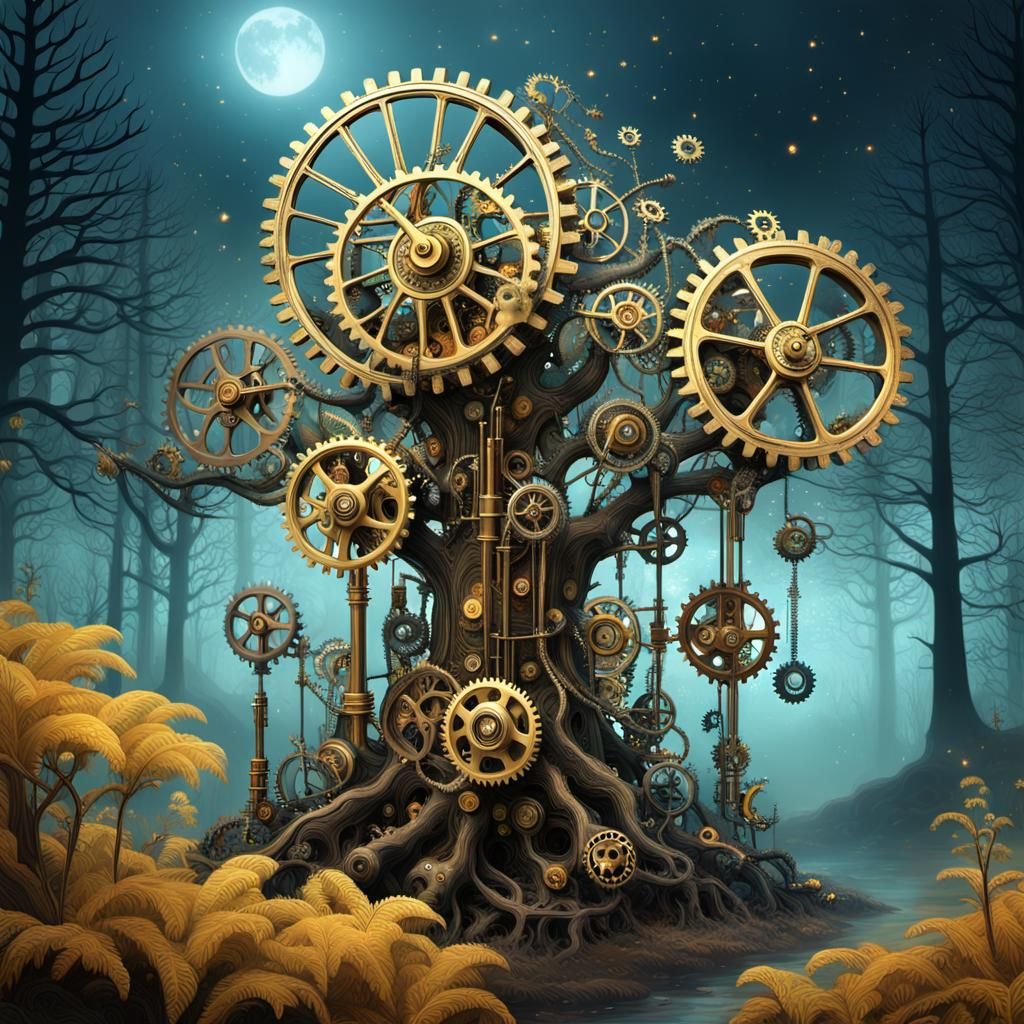 Steampunk Gear Forest at Night in Digital Art