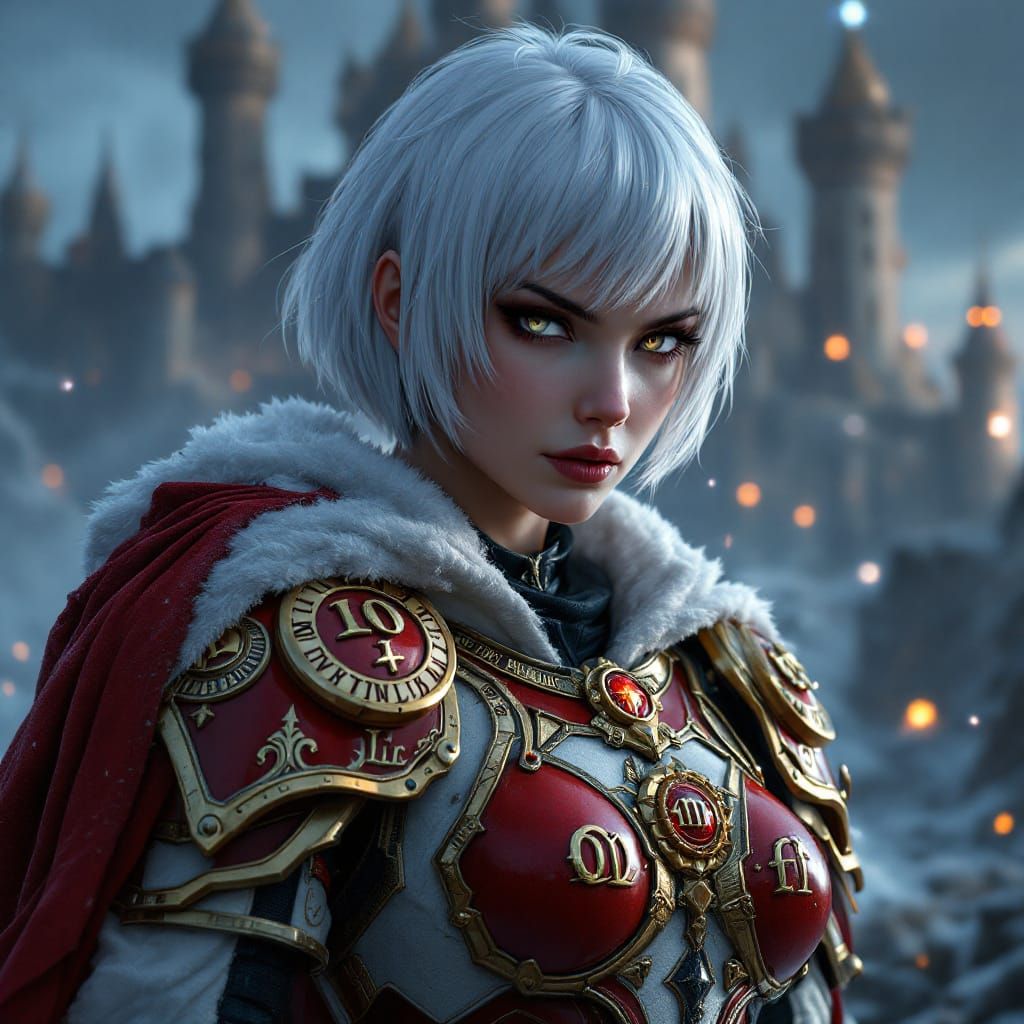 Regal Woman in Ornate Power Armor at Dusk