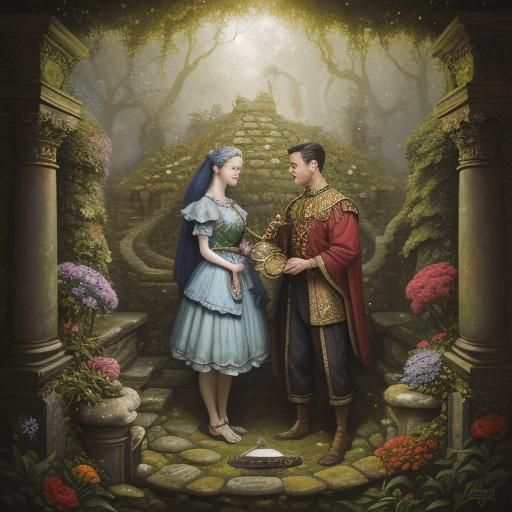 Couple at Wishing Well in Romantic Nostalgic Style