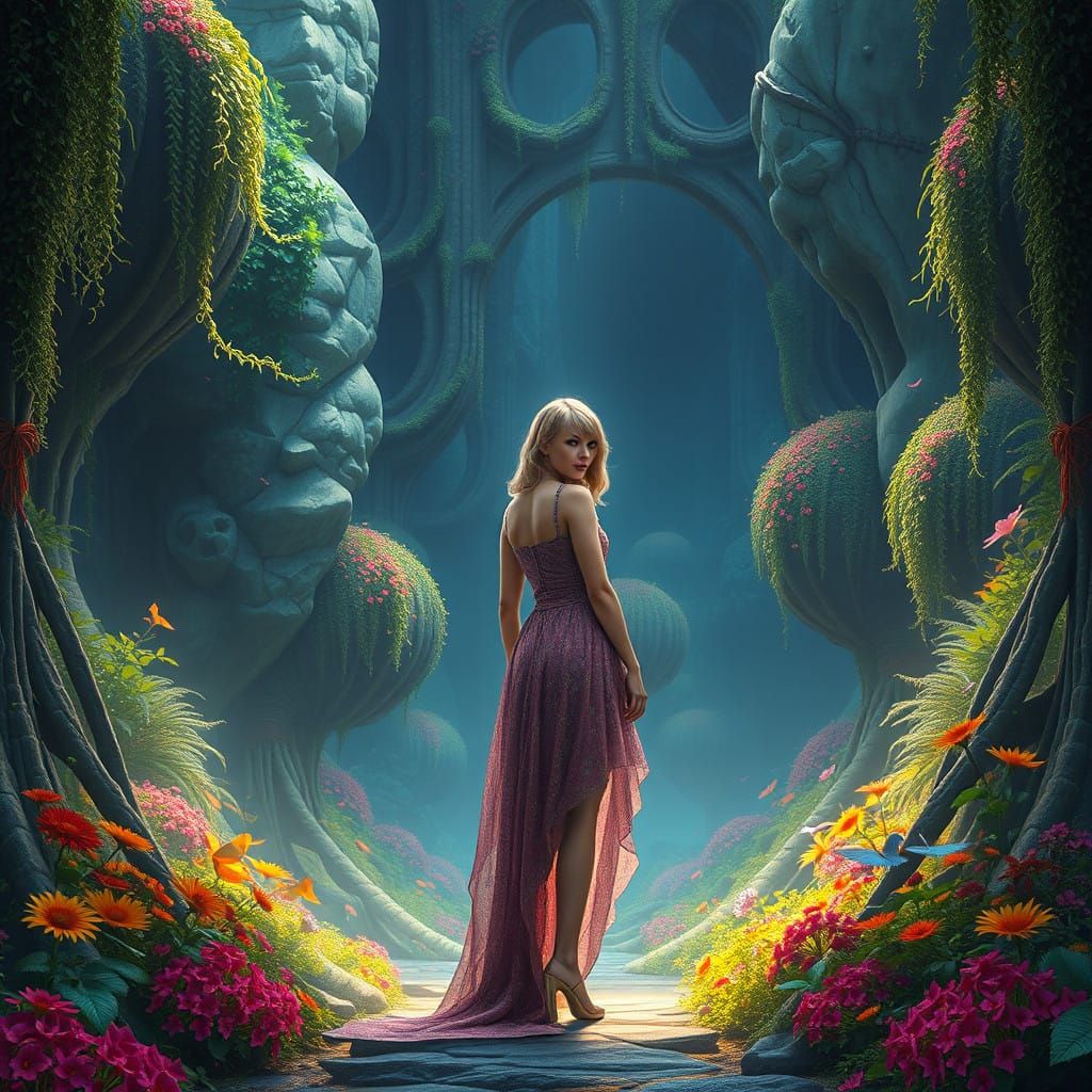 Taylor Swift in Vibrant Fantasy Landscape
