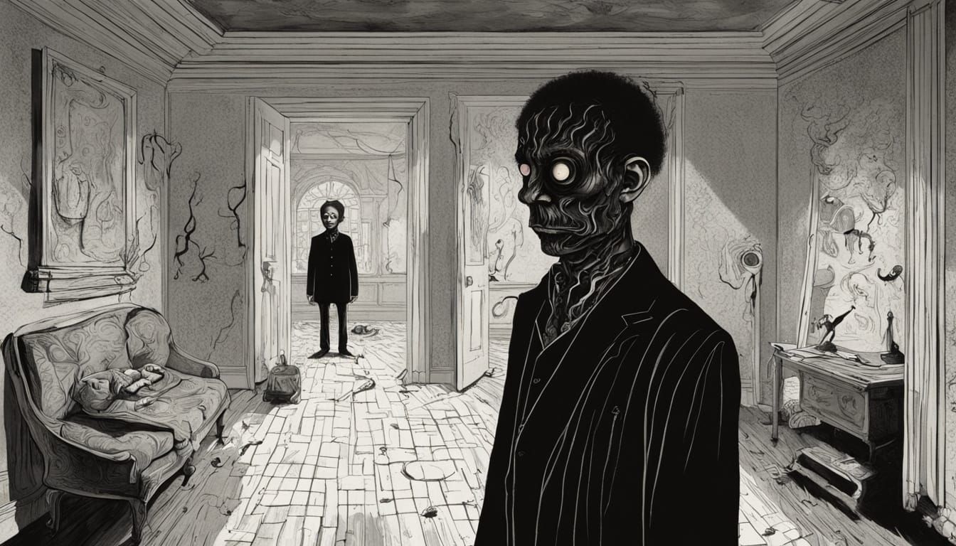 Surreal Dark Figure Stands in Dimly Lit Room