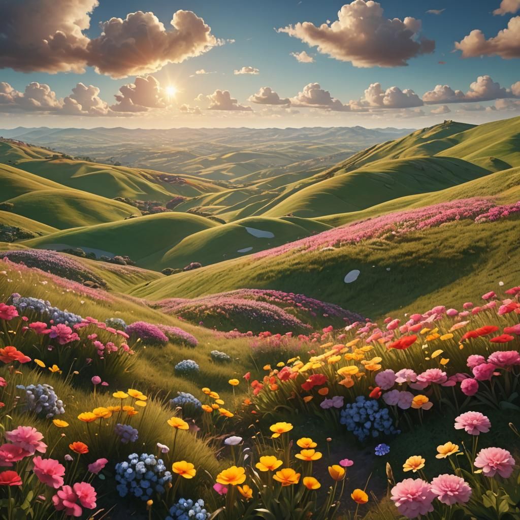 Vibrant Landscape of Fluffy Hills in Golden Sunlight