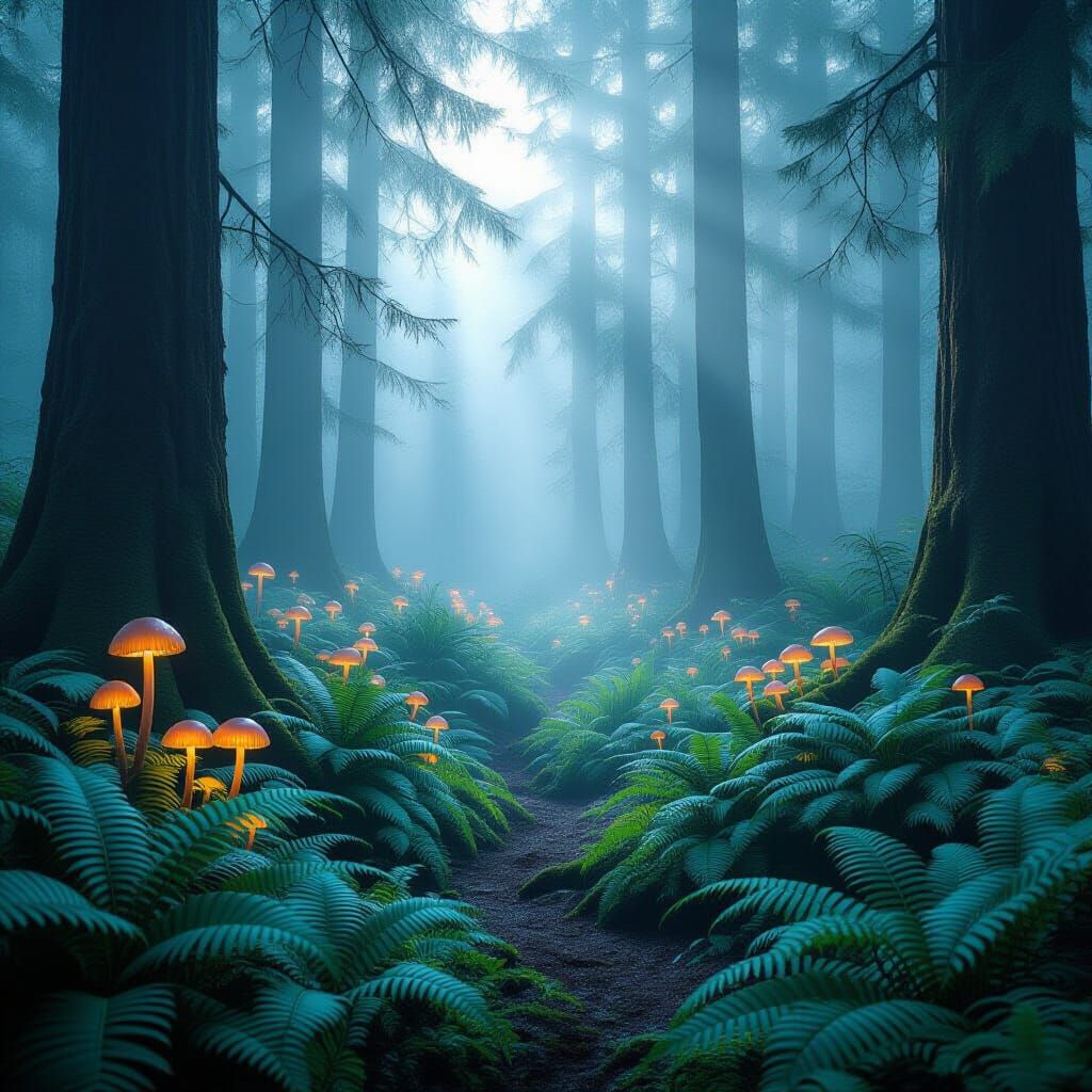 Hyper-Colored Enchanted Forest in Ethereal Mist