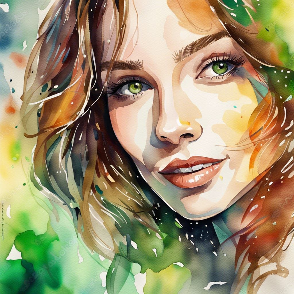 Watercolor Portrait of a Beautiful Smiling Woman