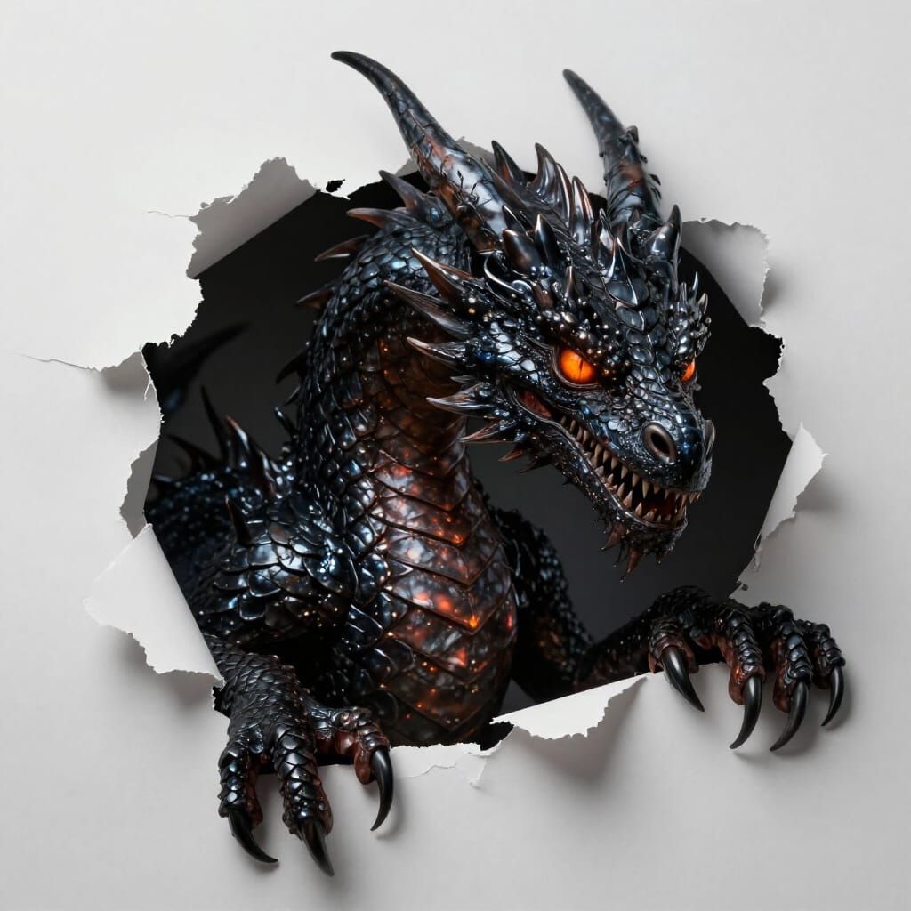 Onyx Dragon Emerges From Torn Paper in Dark Fantasy Style