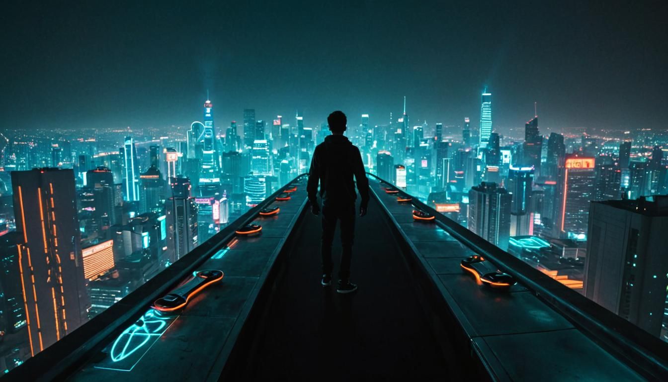 Cyberpunk Silhouette Over Neon Cityscape