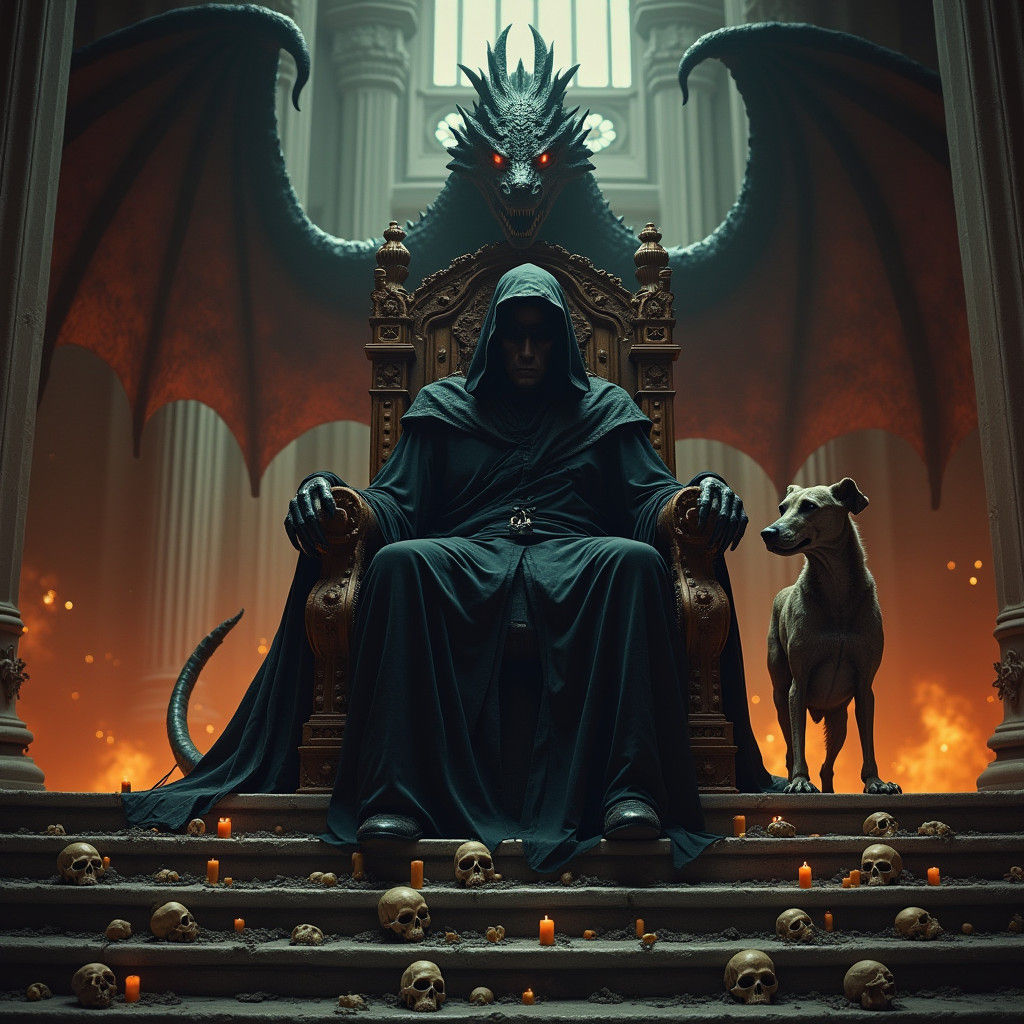 Grim Reaper on Gothic Throne with Undead Dog