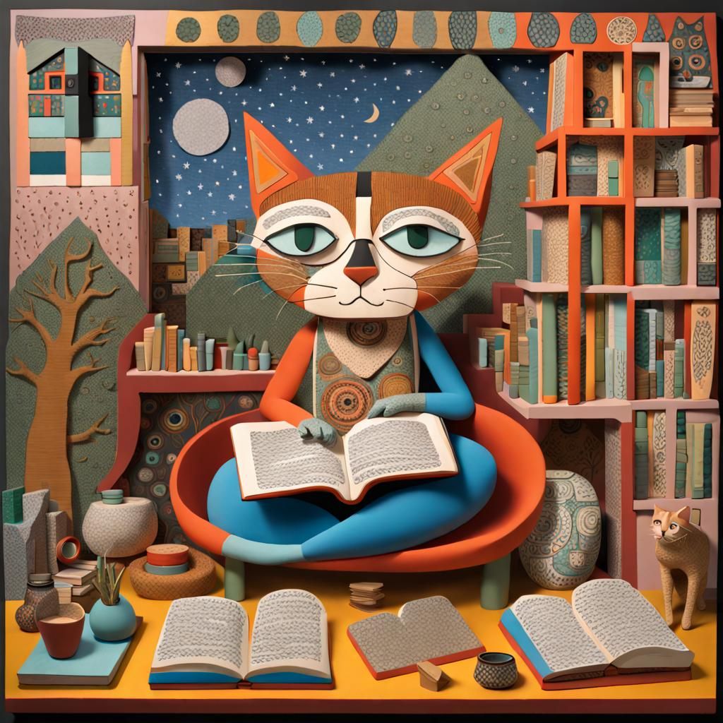 Whimsical 3D Cat Reading a Book in Folk Art Style