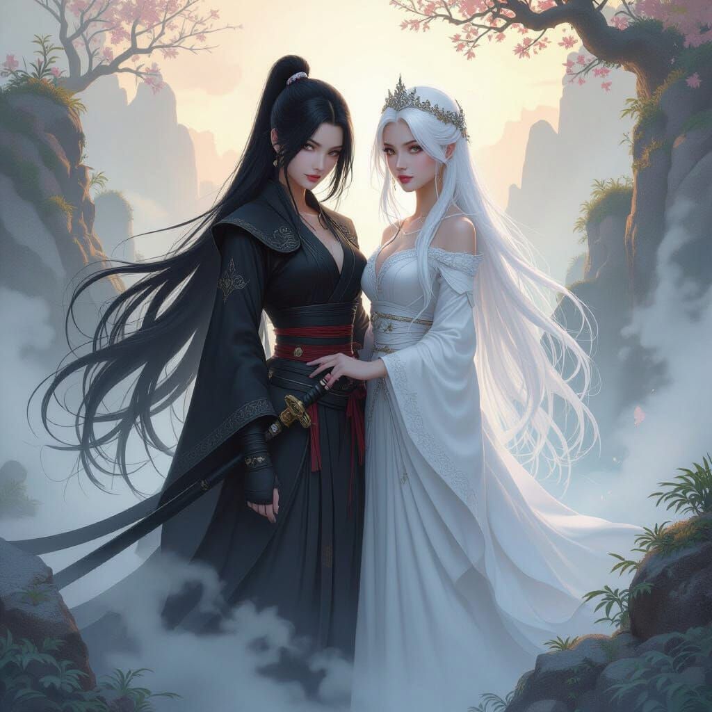 Ninja and Princess in Dreamy Fantasy Landscape