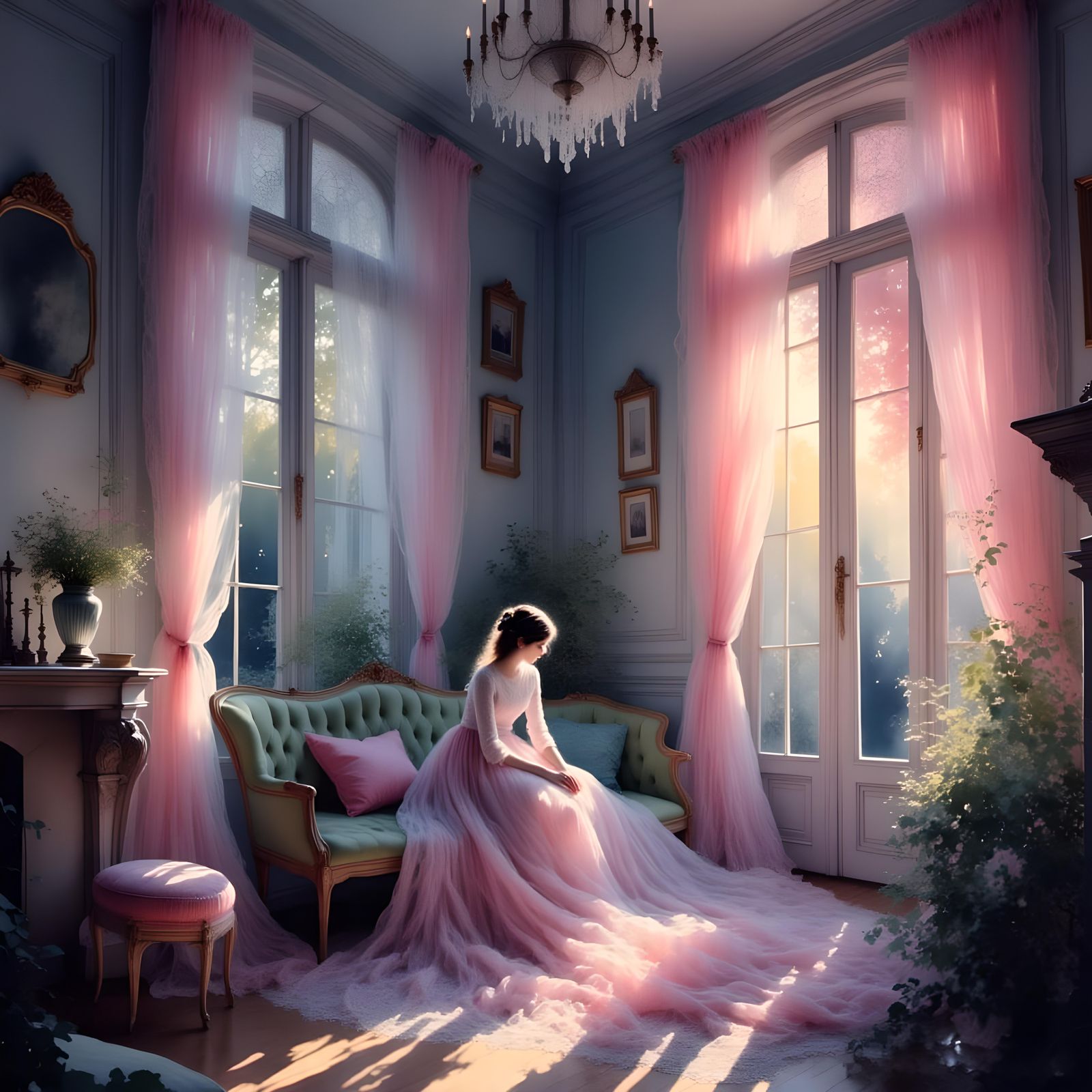 <lora:Light and Lace-Flux:1.0> girl in bedroom, Fluorescent psychedelic