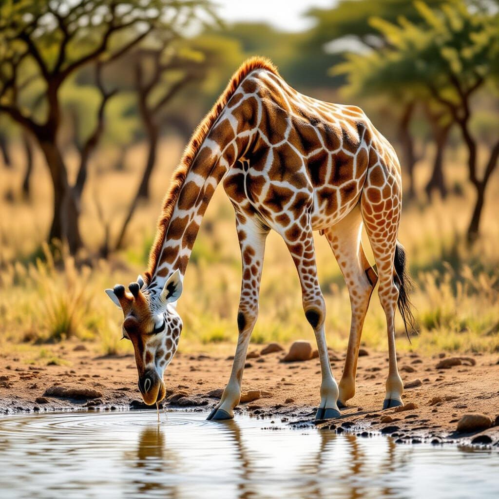 Giraffe Drinks at African Waterhole in Dynamic Light