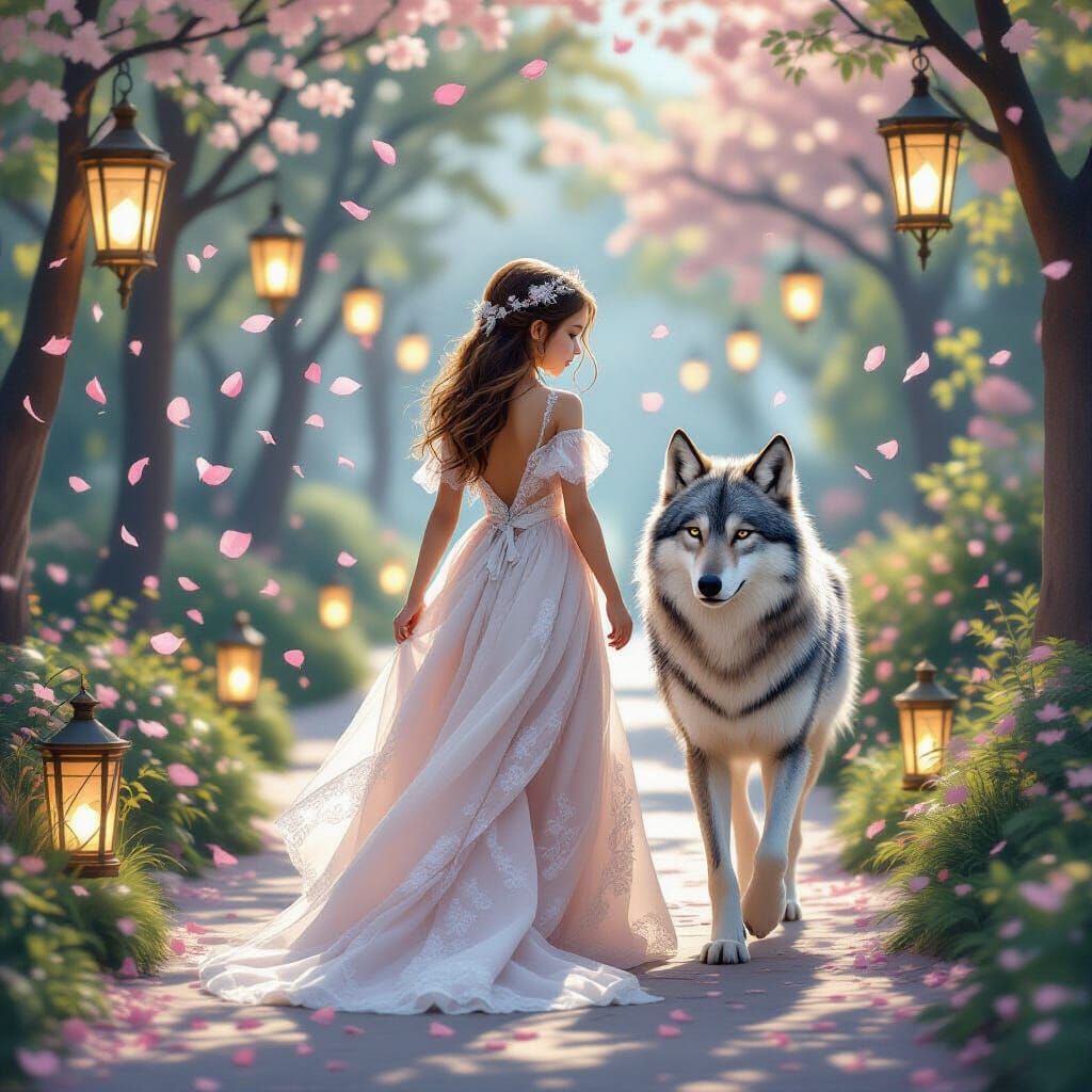 Girl with Silver Wolf in Dreamy Landscape
