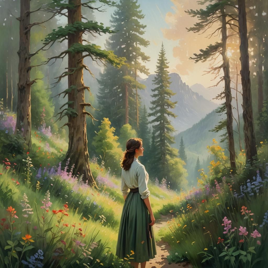 Impressionist Woman in Forest with Mountain View