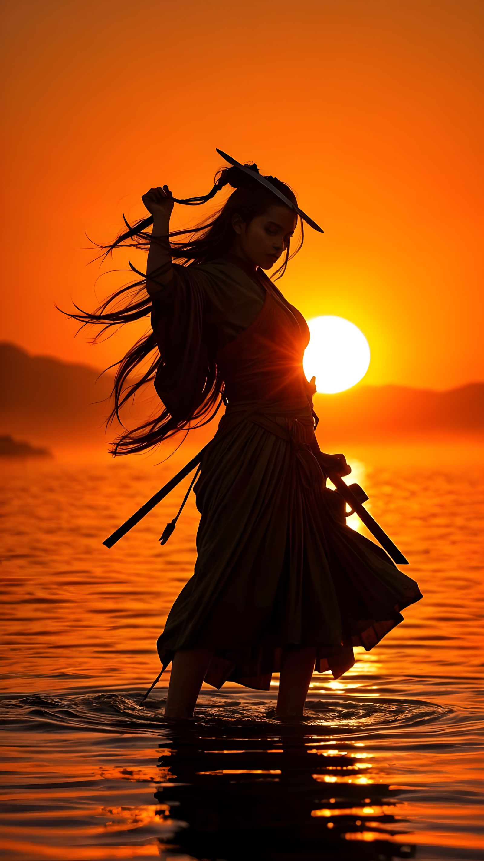 Ethereal Warrior Silhouette against Sunset Hues