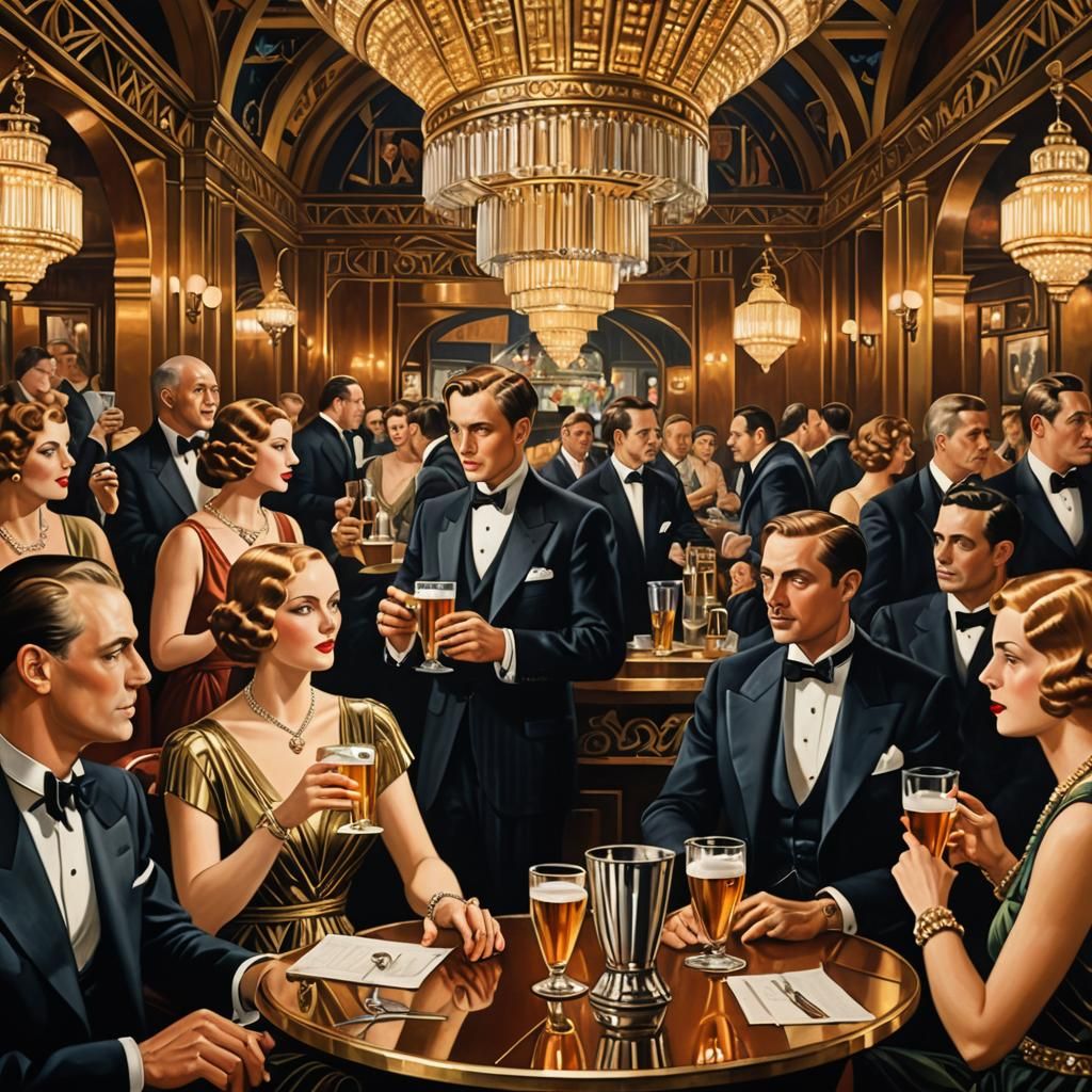 Elegant Crowd Enjoying Beer in Art Deco Style