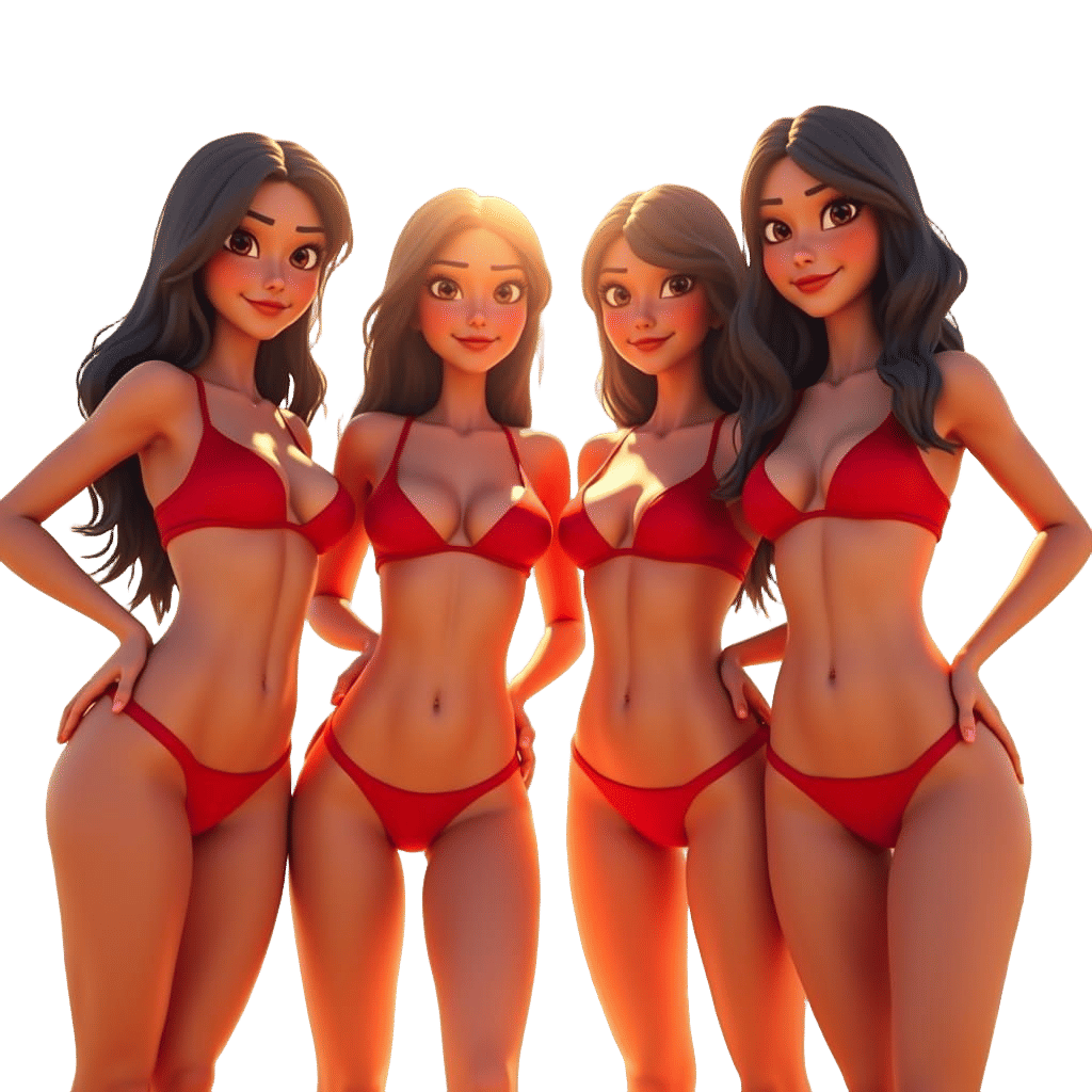 Red Bikini Clones Standing Together at the Beach in Vibrant ...