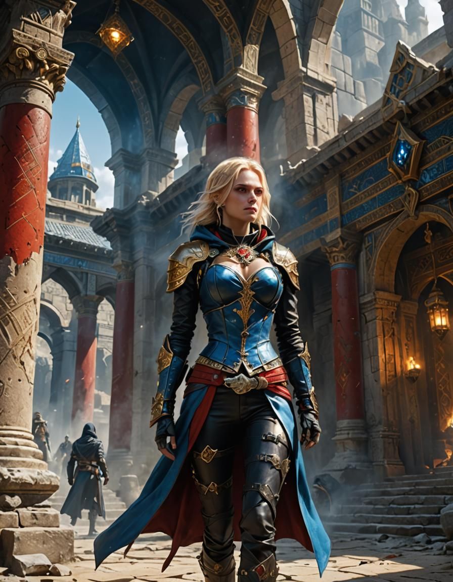 Female Assassin in Ancient Temple, Hyperrealistic Fantasy Ar...