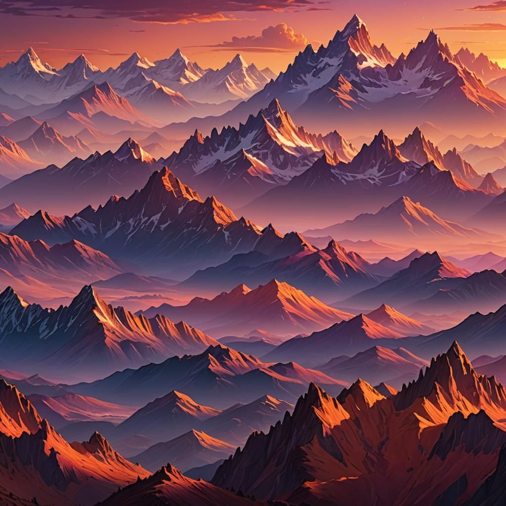 Panoramic Mountain Sunset Digital Matte Painting