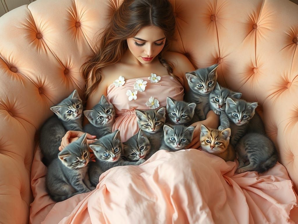 Dreamy Whimsy: Pastel Kittens and Woman in Gentle Surroundin...