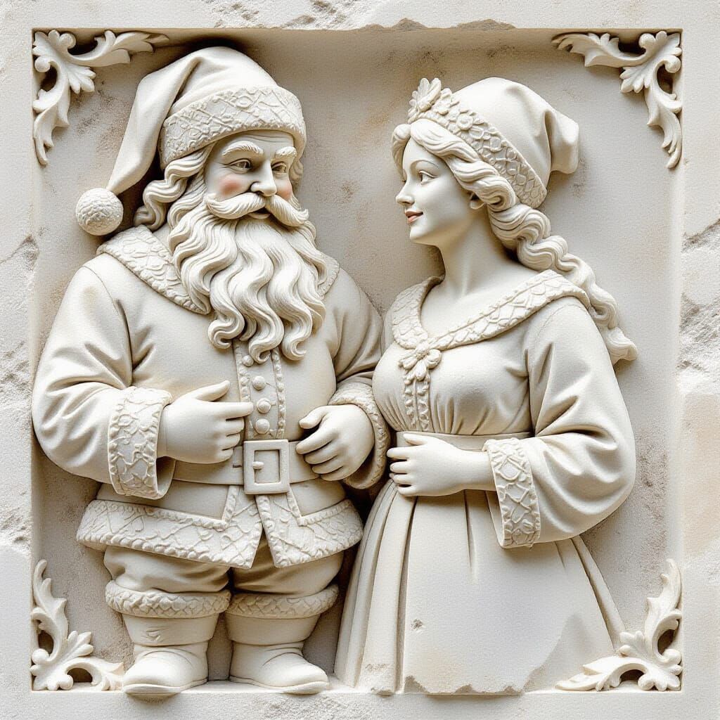 Stone Carved Father Christmas in Detailed Bas Relief