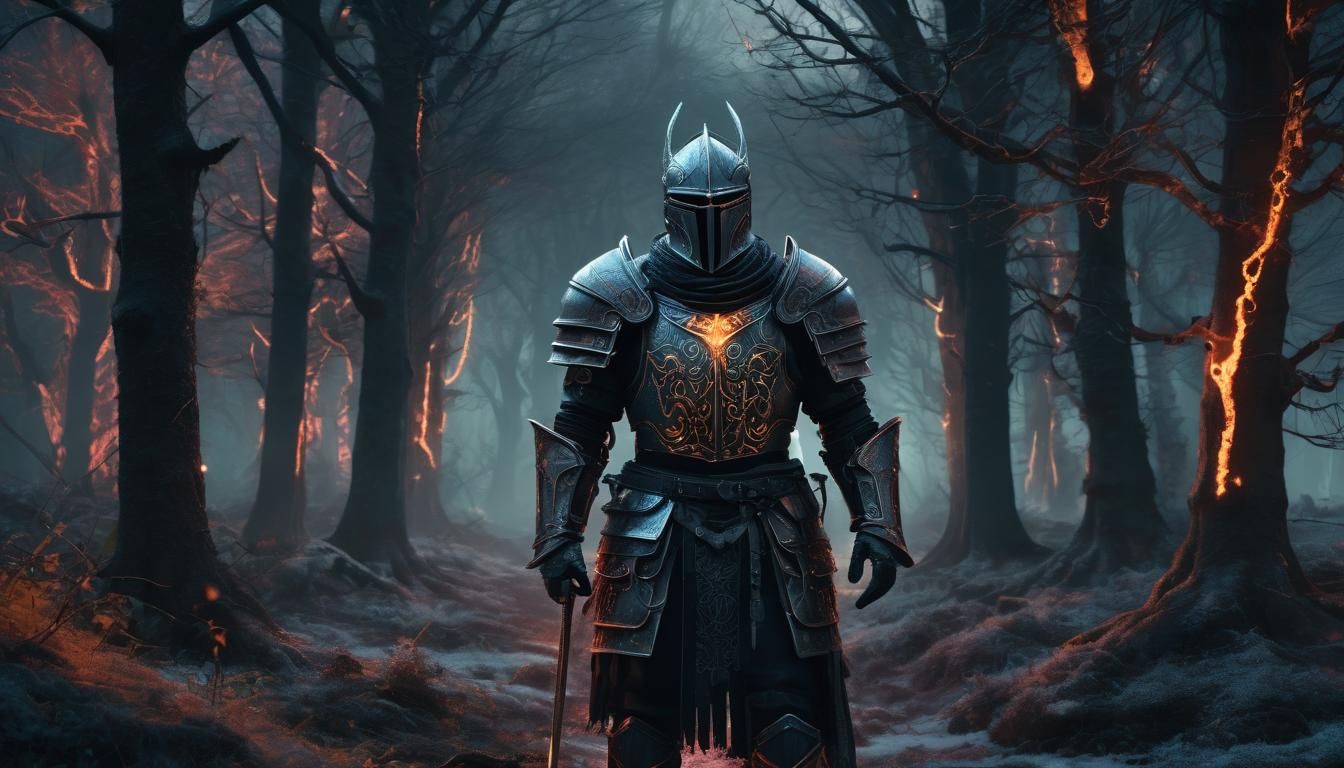 Mystical Knight in Winter Forest: Surrealist Digital Art