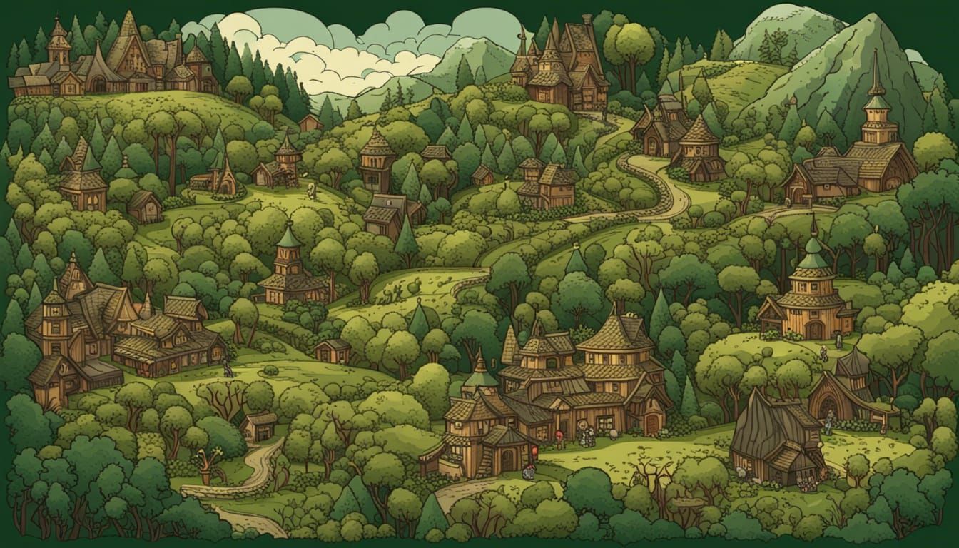 Cartoon Hobbit Landscape with Warrior Tribe