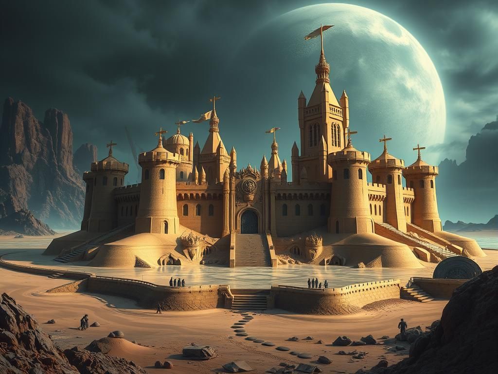 Robots Attack Sandcastle in Retro-Futuristic Landscape