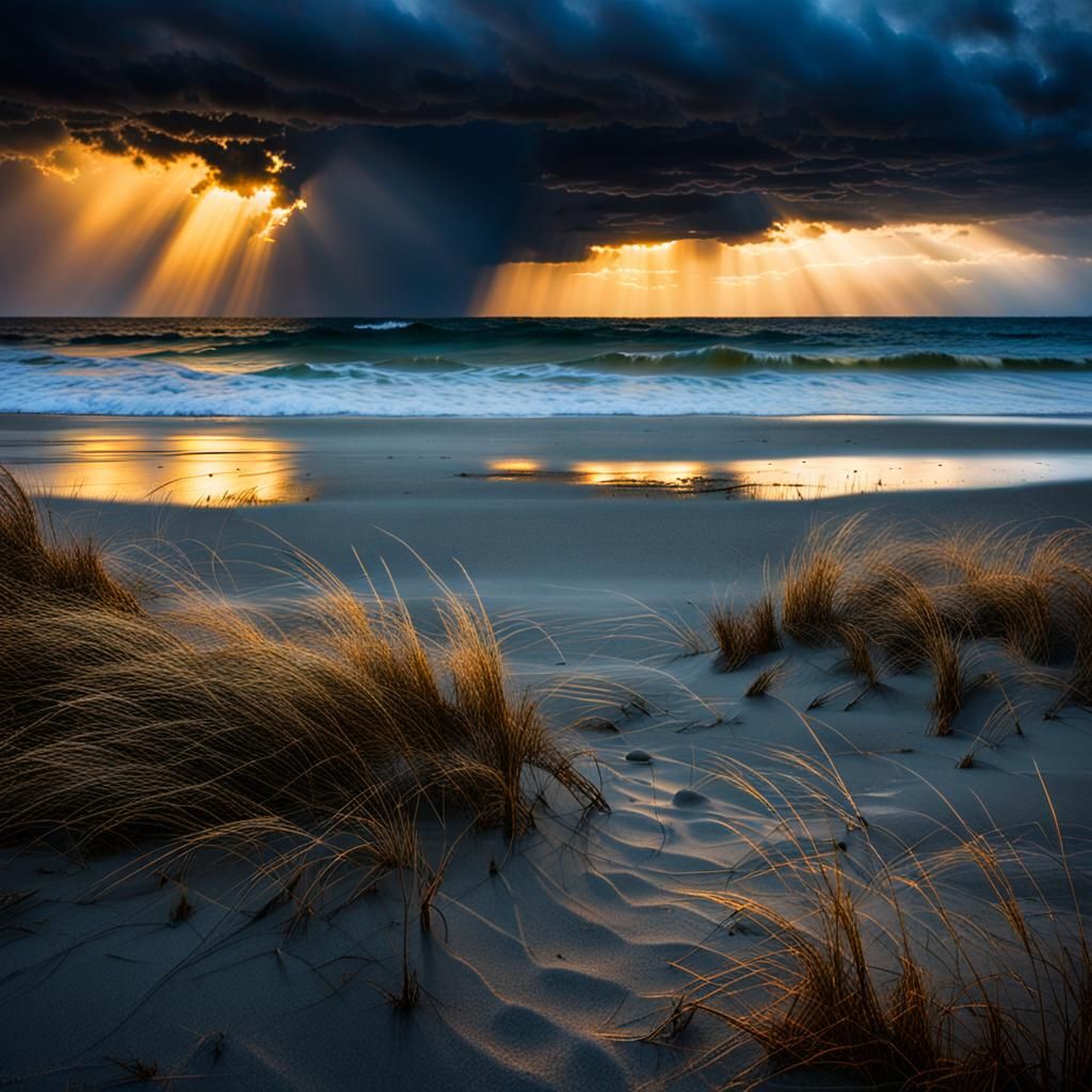Dramatic Sunrise Over Beach Storm Clouds: Seascape Photograp...