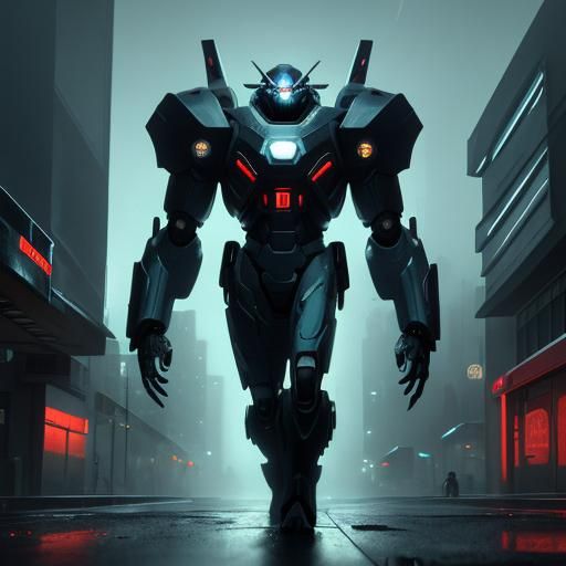 Mecha Battle in Cyberpunk Cityscape