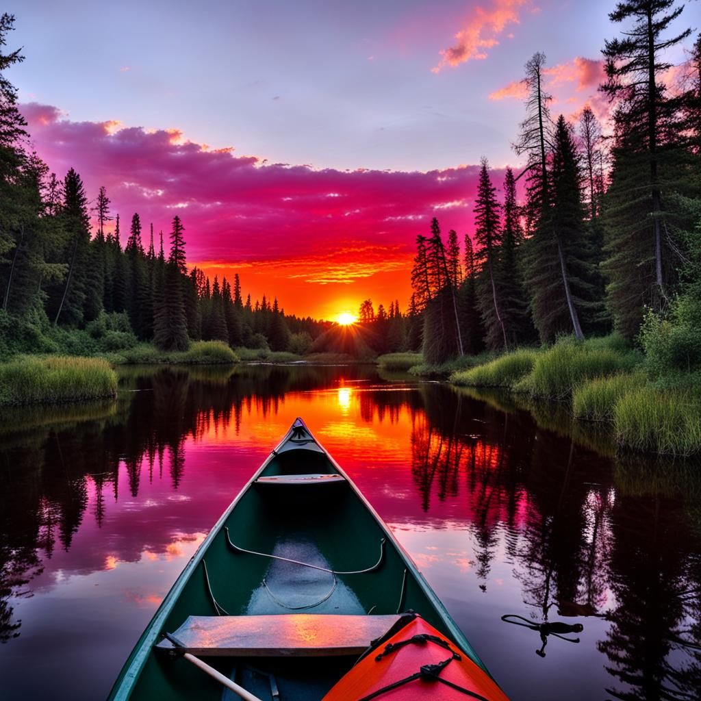 Canoe Trip at Sunset with Vibrant Sky